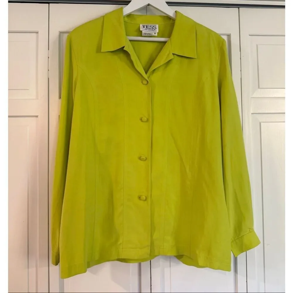 Tess Dress Vintage 100% silk neon yellow button down blouse 16 - Picture 3 of 10